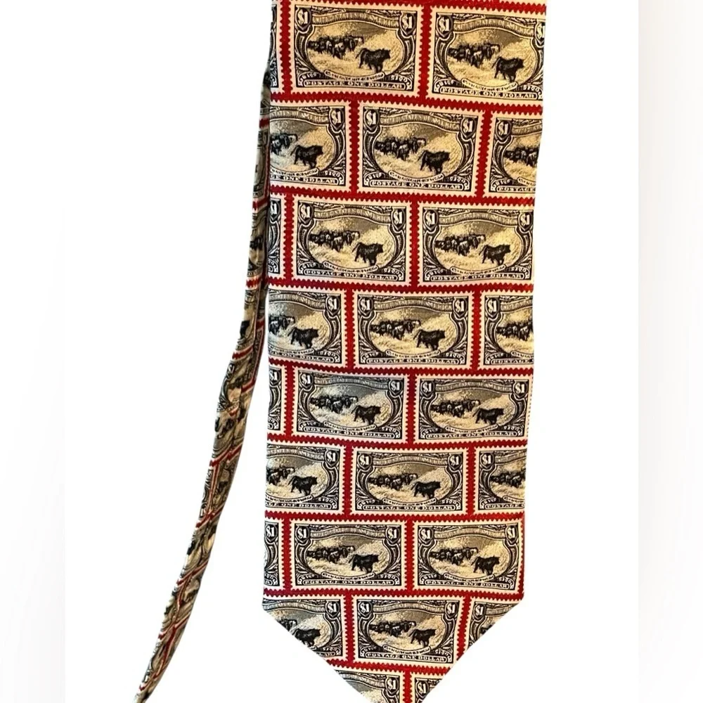 📈📊100% Silk Postage themed tie with $1 stamps. Black, red, white hues